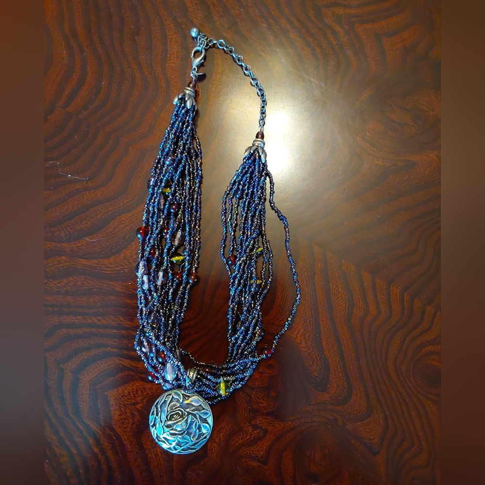 Chico's Multi-strand Purple/Blue Necklace with Silver Pendant